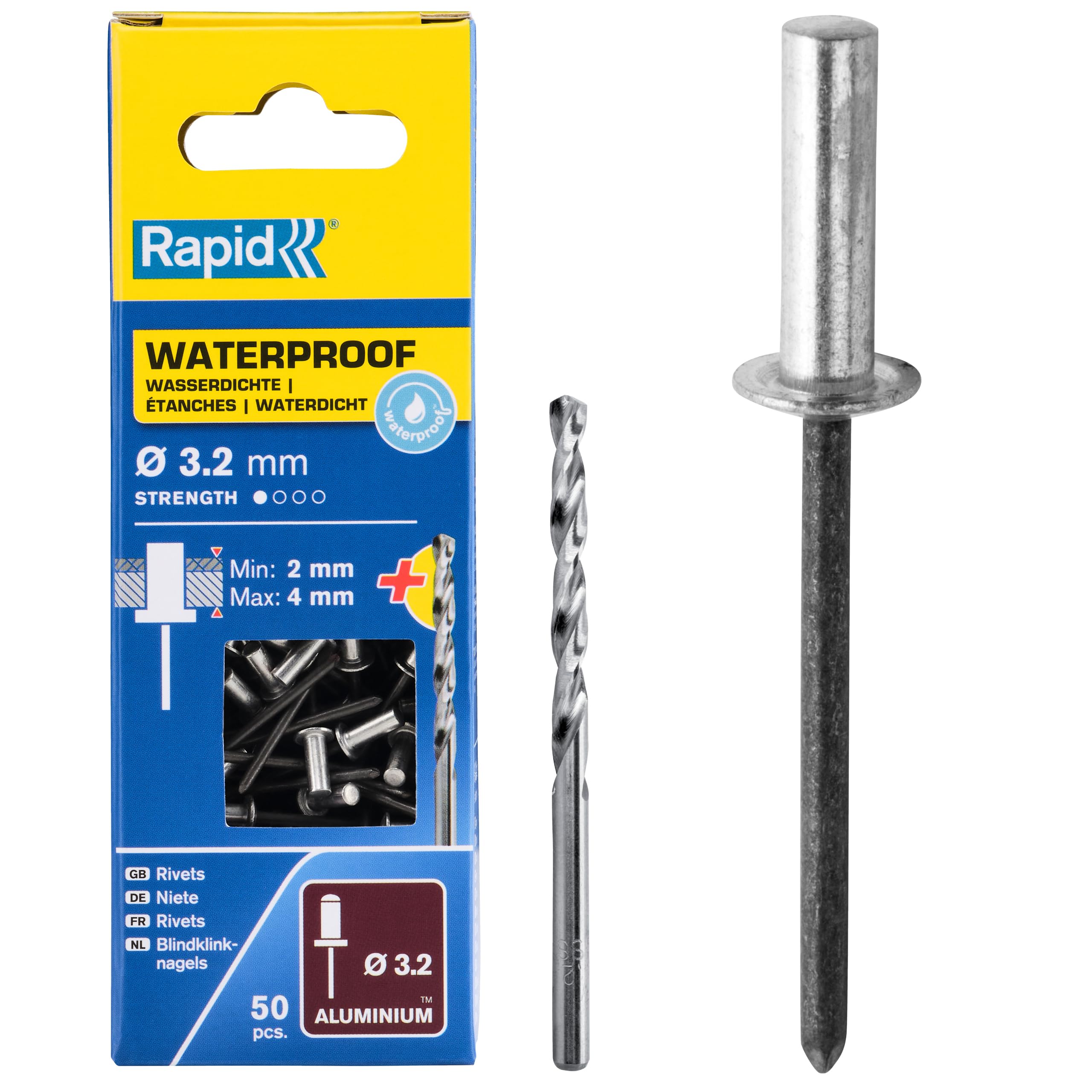 Rapid Rivets Waterproof Rivets Including Drill Piece, 3.2 x 8 mm, 5000399 - 50 Pieces, Silver/ Blue/ Clear