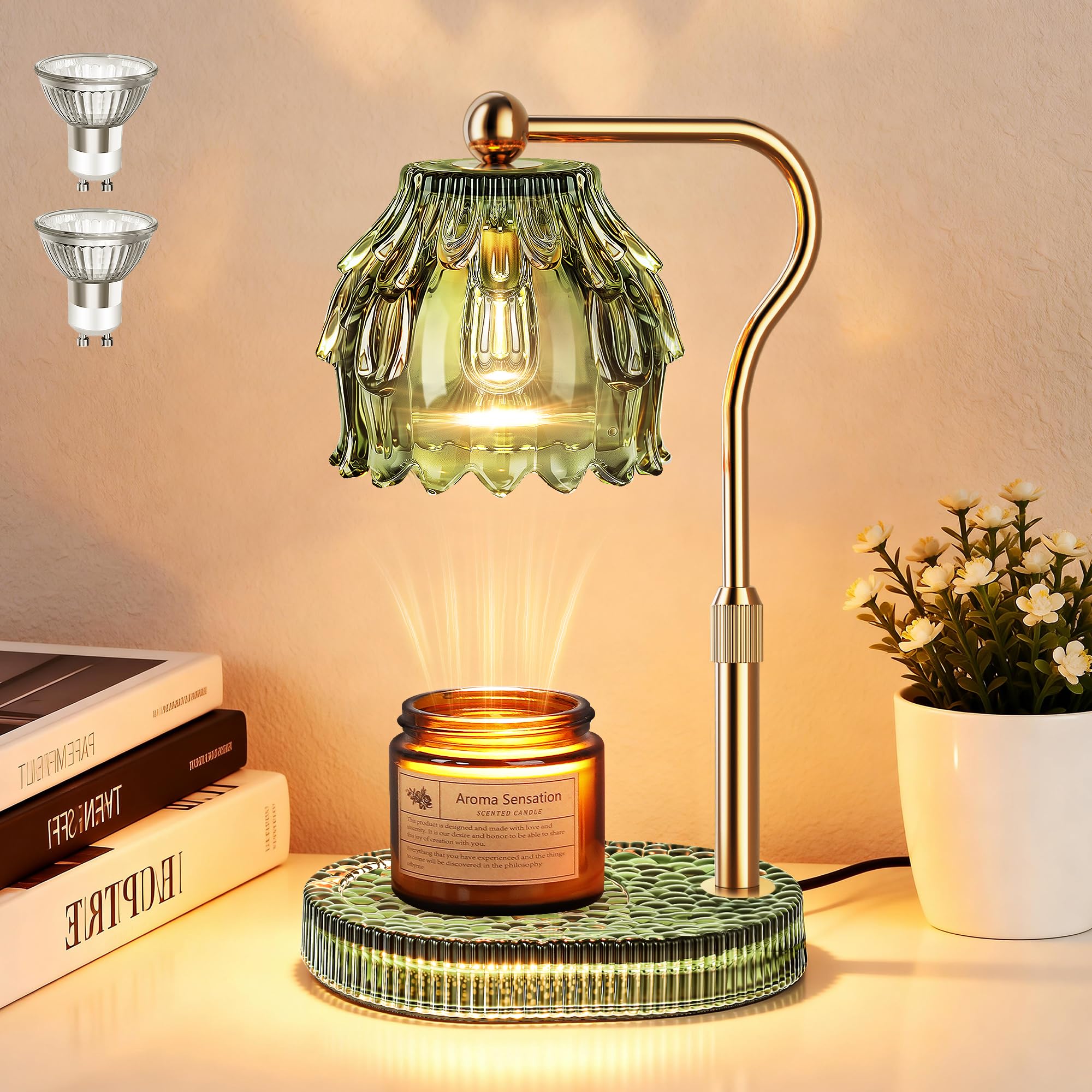 QiMH Candle Warmer Lamp with Timer Dimmer, Modern Wax Warmer for Scented Wax Jar Candle Warmer with 2 Bulbs, Adjustable Height Glass Lamp for Women, House Warming Gifts, Gold Green