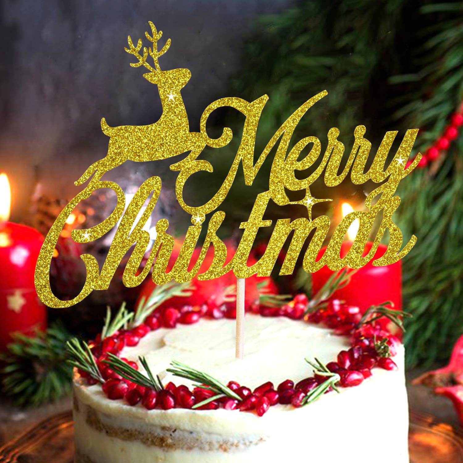 Party Port Merry Christmas Cake Topper | Gold Glittery Reindeer Cake Toppers | Christmas Cake Decorations, Xmas Cake Topper (Gold)