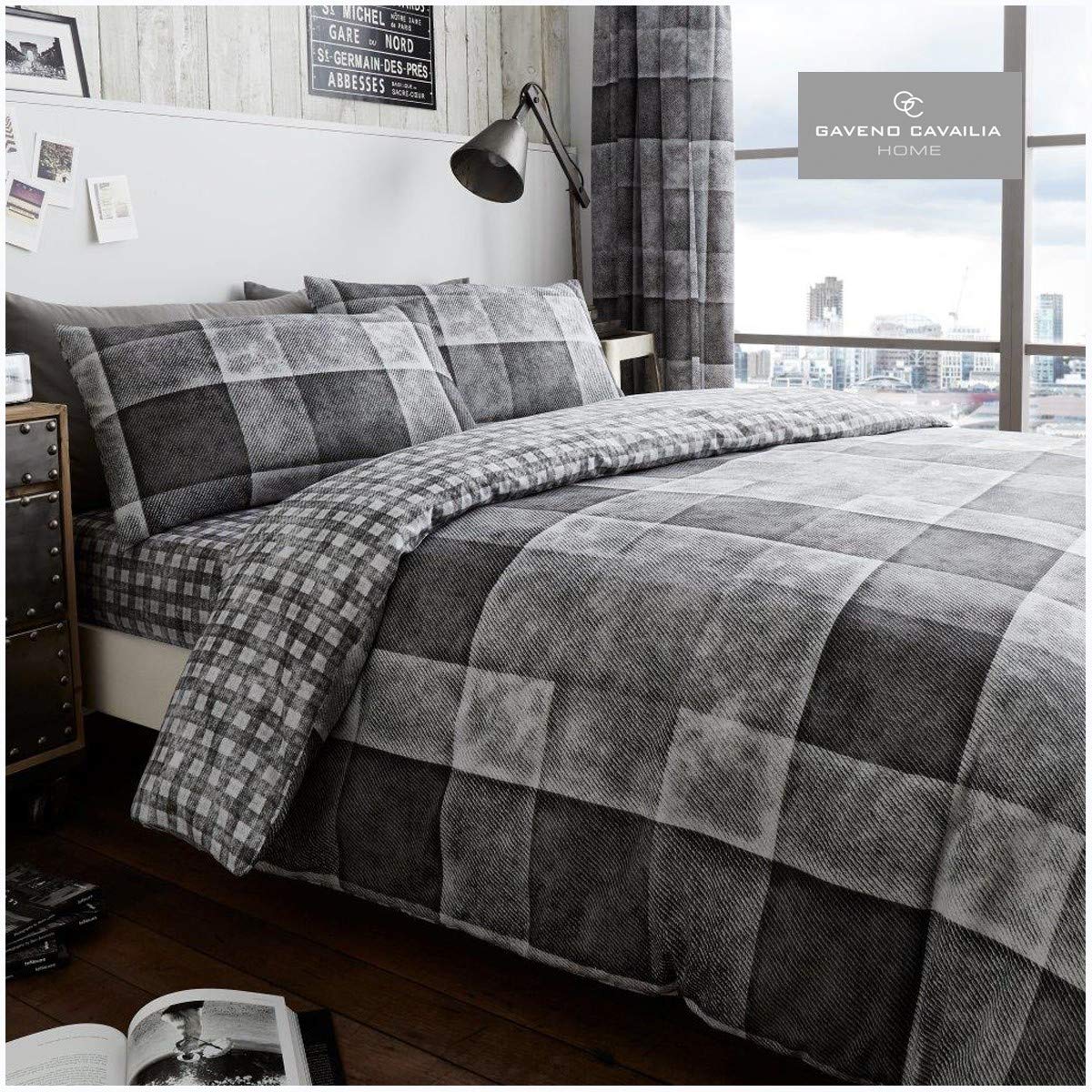 GC GAVENO CAVAILIA Gaveno Cavailia Denim Check King Duvet Set Grey Reversible Easy Care Cotton Blend 3 Piece Bedding | 1 Quilt Cover + 2 Pillow Cases | Button Closure | Machine Washable