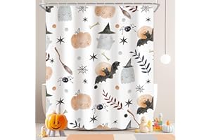 Ufeela Halloween Kids Shower Curtain 60Wx72L Inch Cute Cartoon Ghost Pumpkin Shower Curtain Bathroom Set Bat Spider Web Wizard Hat Funny Stars Leaves Bath Curtain Bathtub Accessories Home Decor