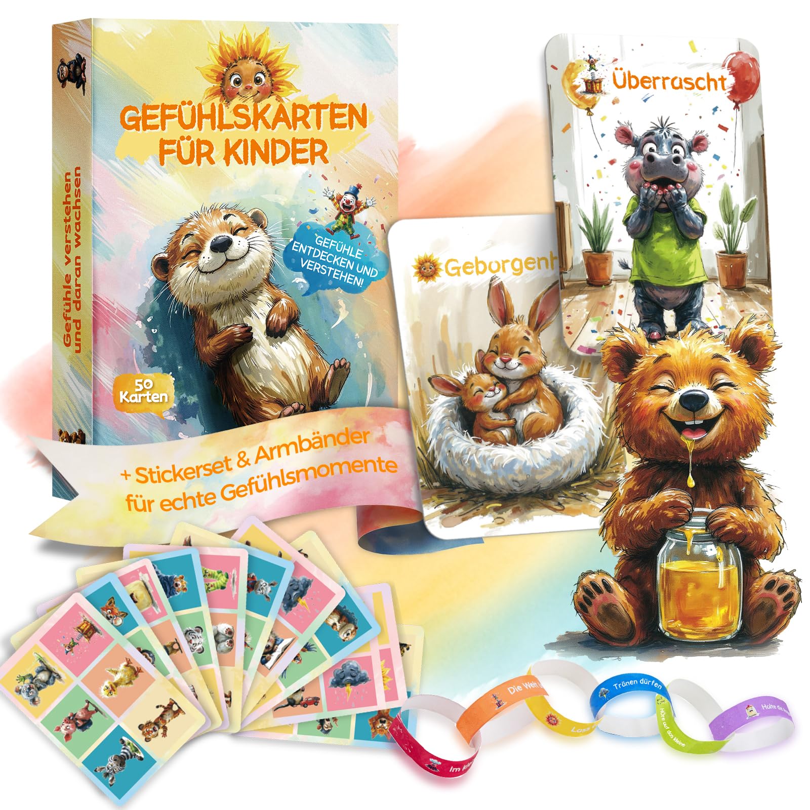 Gefühlskarten Kinder – 50 Emotionskarten für Empathie & Selbstbewusstsein Kinder 3–12 | robust mit Soft-Touch | inkl. Sticker & Armbänder