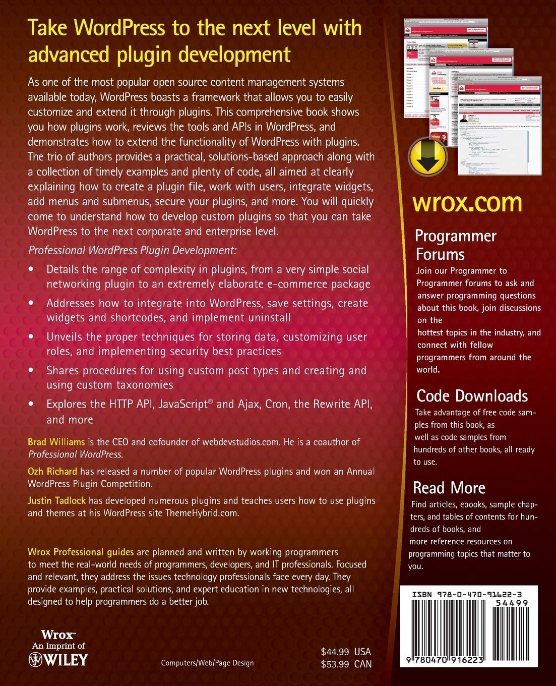 Professional Wordpress Plugin Development Wrox Programmer To Programmer Amazon Co Uk Williams Brad Richard Ozh Tadlock Justin De Valk Joost 8601405579539 Books