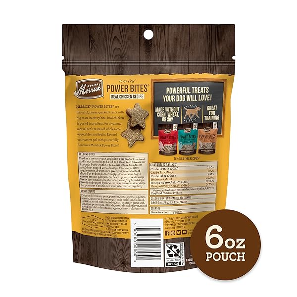 MERRICK POWER BITES NATURAL SOFT AND CHEWY REAL MEAT DOG TREATS, GRAIN FREE SNACK WITH REAL CHICKEN RECIPE – 6 OZ. BAG