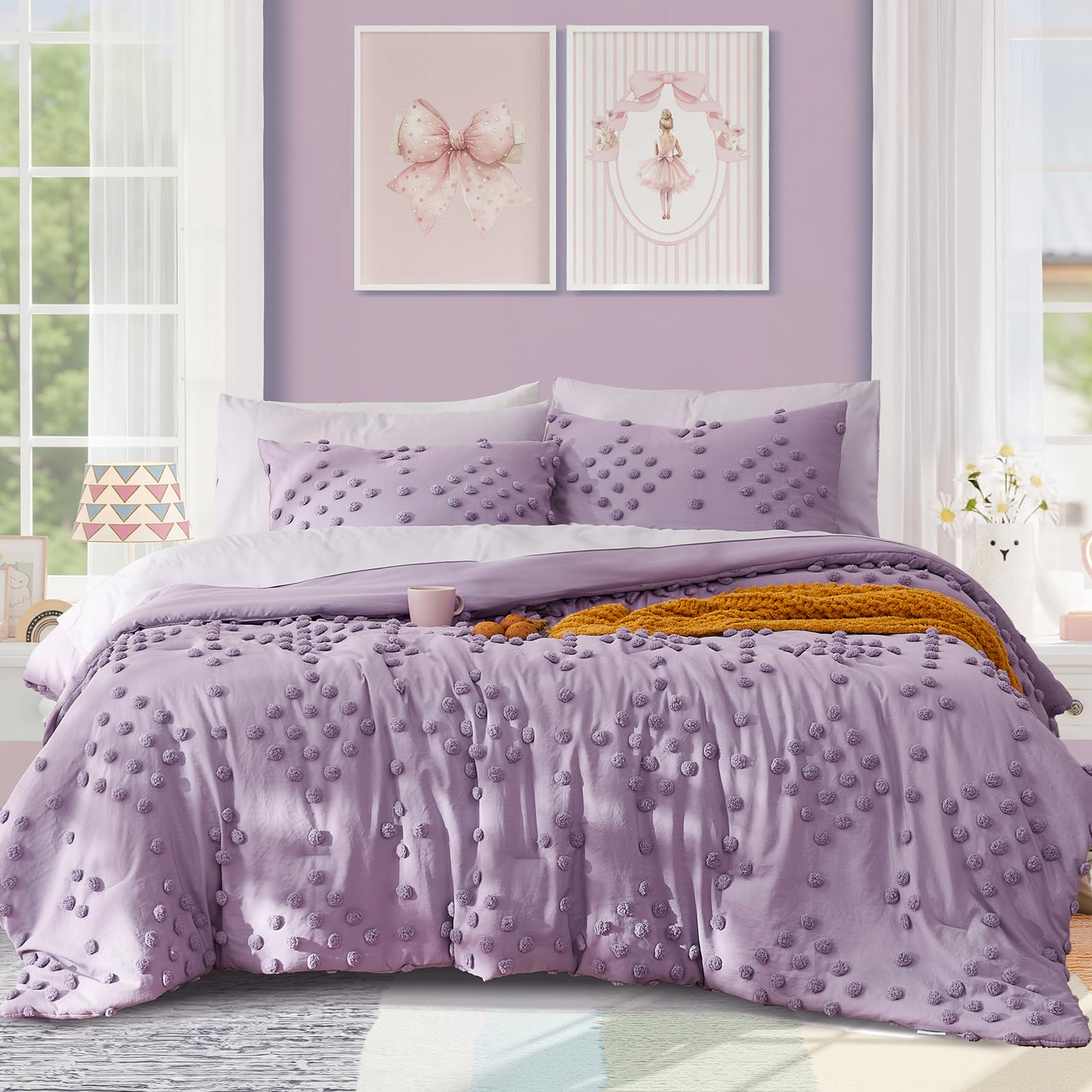 Geniospin Purple Queen Comforter Set for Girls- 7 Pieces Pom Tufted Bed in A Bag Queen Bedding Sets with Sheets, Pillowcases & Shams, All Season Kids Comforter Set Image