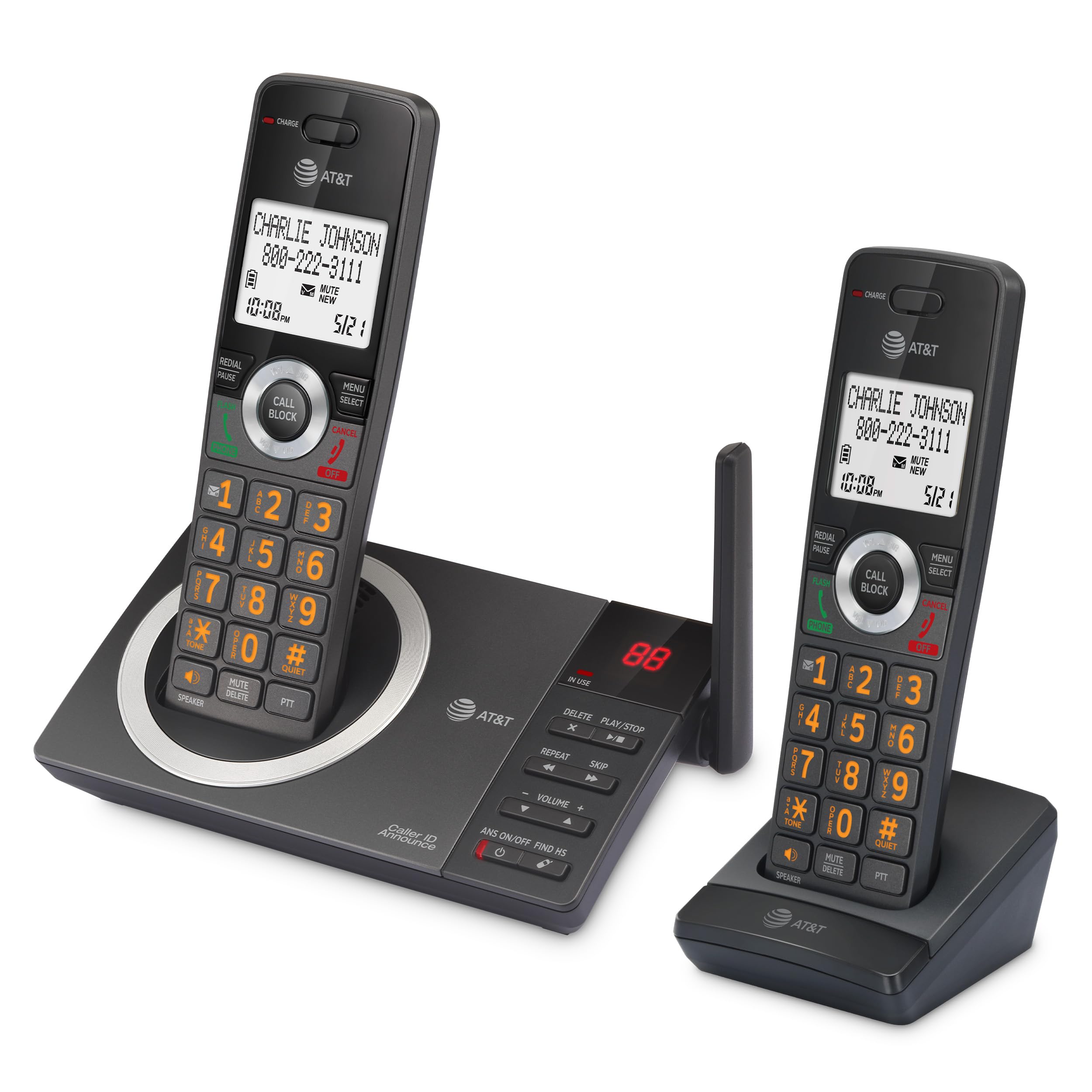 AT&T 2-Handset Expandable DECT 6.0 Cordless Home Phone with Large Display, Big Buttons, Answering Machine, Smart Call Blocker, Long Range, Caller ID, Speakerphone, Intercom: CL82218 (Charcoal Black)
