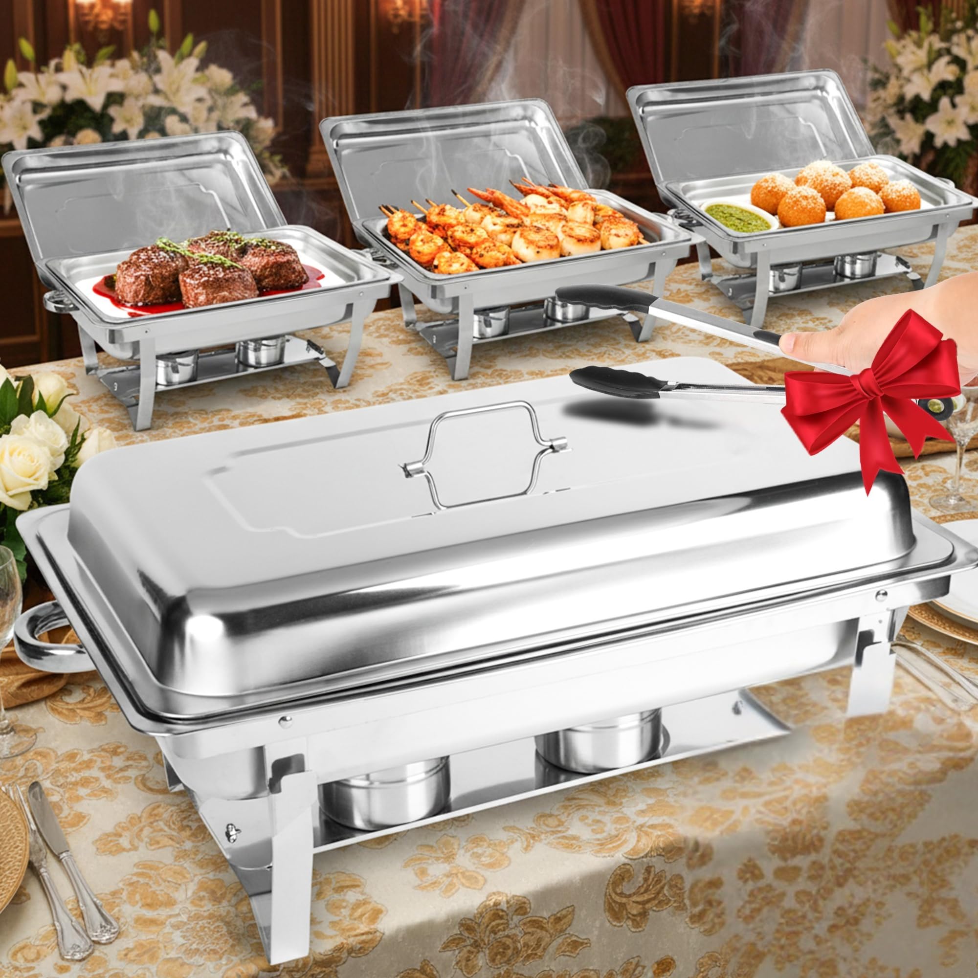 Photo 1 of ***NEW ITEM, DAMAGED PACKAGING**Chafing Dishes for Buffet 9QT 4 Pack | 2 FREE TONGS | Screwless Instalation | Stainless Steel Catering Chafer Buffet Food Warmer | and stacking Design for Party, Birthday, Wedding, Christmas