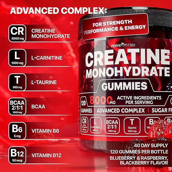CREATINE MONOHYDRATE GUMMIES COMPLEX 8000MG WITH L-CARNITINE & TAURINE, FLAVORED CREATINE FOR WOMEN AND MEN WITH RASPBERRY & BLACKBERRY TASTE, PRE WORKOUT GUMMIES FOR MEN AND WOMEN – 120PCS