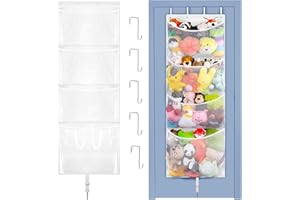 Woodoulogy Hanging Stuffed Animal Storage, Over Door Large Plush Toy Organizer with Metal Hook, Baby Accessory Holder Idea for Nursery, Doll & Bear Mesh Hammock Bag for Girl Boy Kid Room