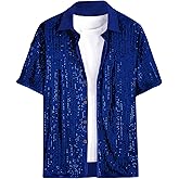 OYOANGLE Men's Sequin Shiny Button Down Shirt Short Sleeve Collared Shirts Party Holiday Tops
