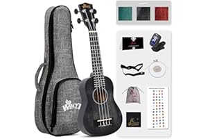 WINZZ HAND RUBBED Series - 21 Inches Soprano Ukulele Vintage Hawaiian Uke with Online Lessons, Bag, Tuner, Strap, Extra Strings, Fingerboard Sticker, Black