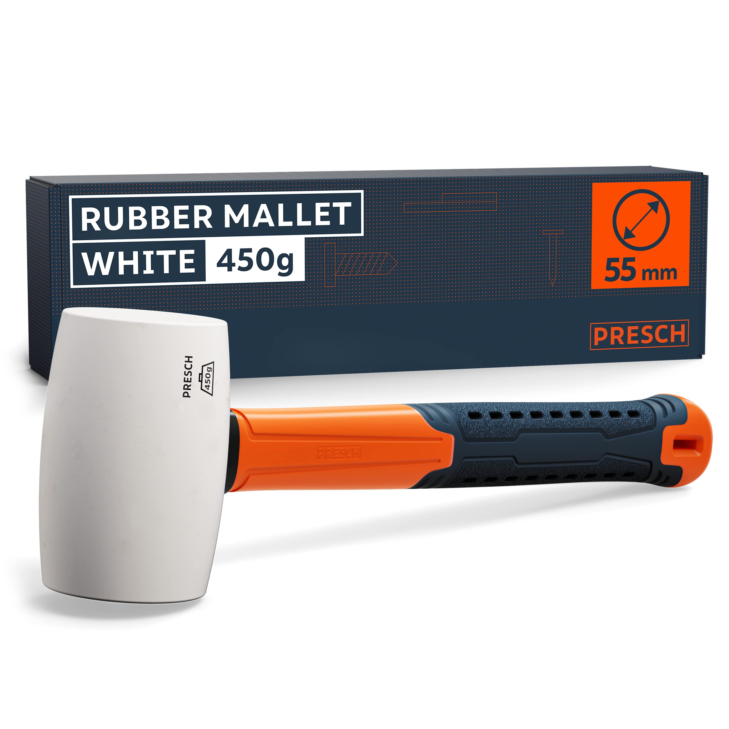Presch Rubber Mallet 450g - Shatterproof Hammer With Fiberglass Handle - ⌀=55mm - Durable Soft White Rubber Head - No Residues Thanks to Natural Rubber