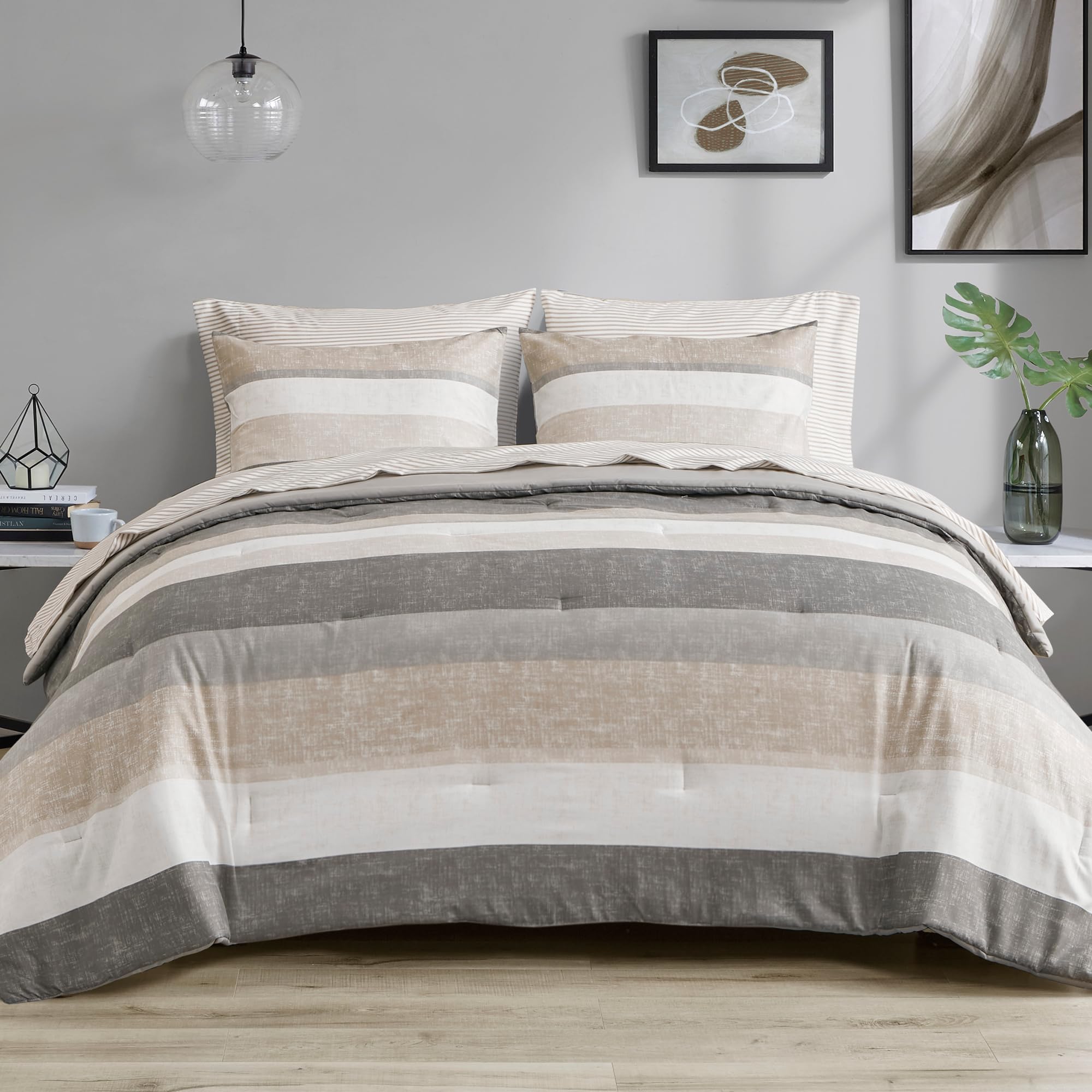 Photo 1 of Madison Park Essentials Queen Comforter Set, Bed in A Bag Comforter & Sheet Set, Modern Casual Stripes Print, All Seasons, Soft Microfiber Bedding Makeover, Matching Shams, Queen Taupe/Grey 7 Piece