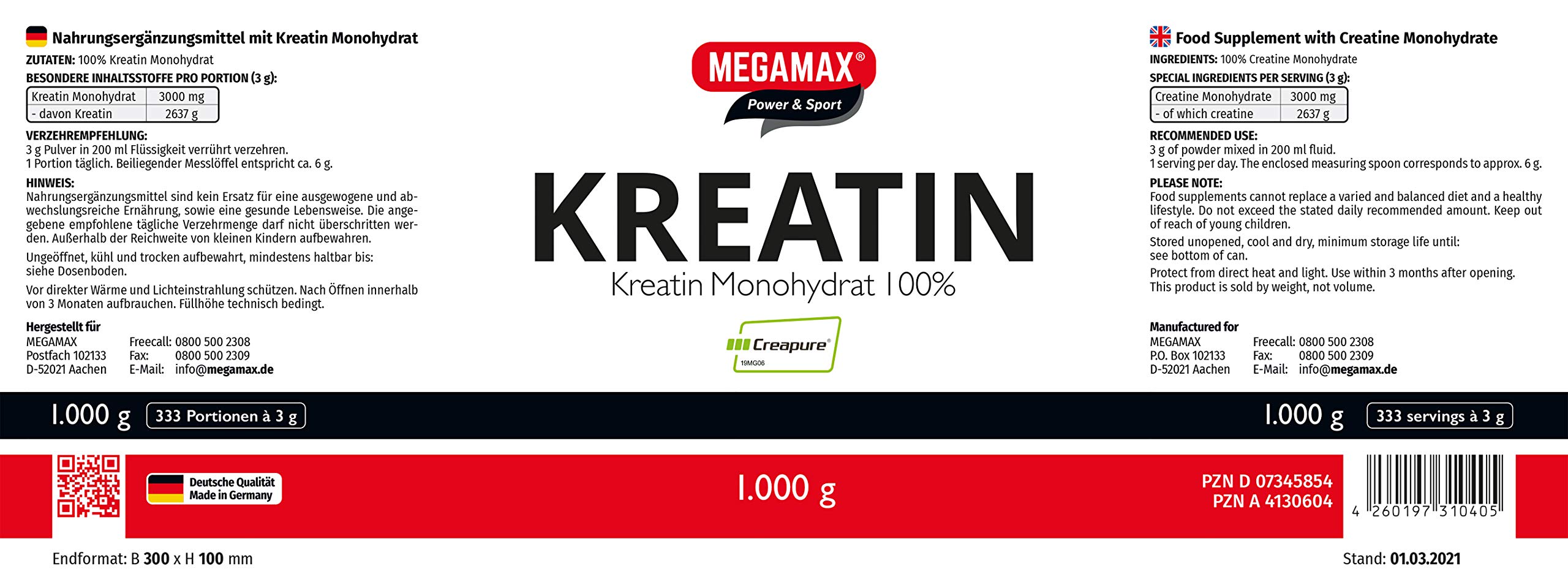 MEGAMAX Kreatin Pulver 1000 g -hochdosiert reines Creatin Monohydrat Creapure (Creapure, 1000 g) 6