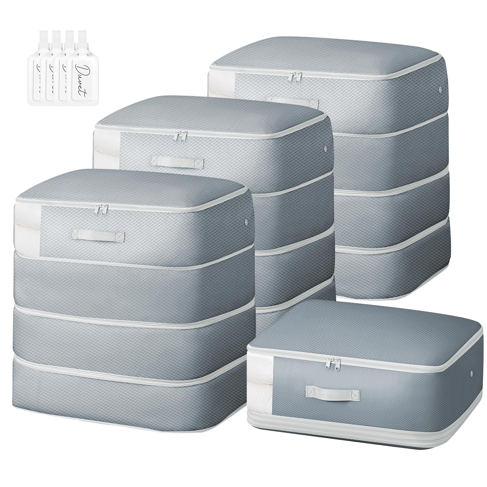 Easortm Comforter Storage Bag - 130L Large Capacity Blanket Storage Bags 4-Layer Ultra Space Saving Self Compression Organizer, Washable Compression Bags for Storage Comforter Blanket, 4-Pack, Grey