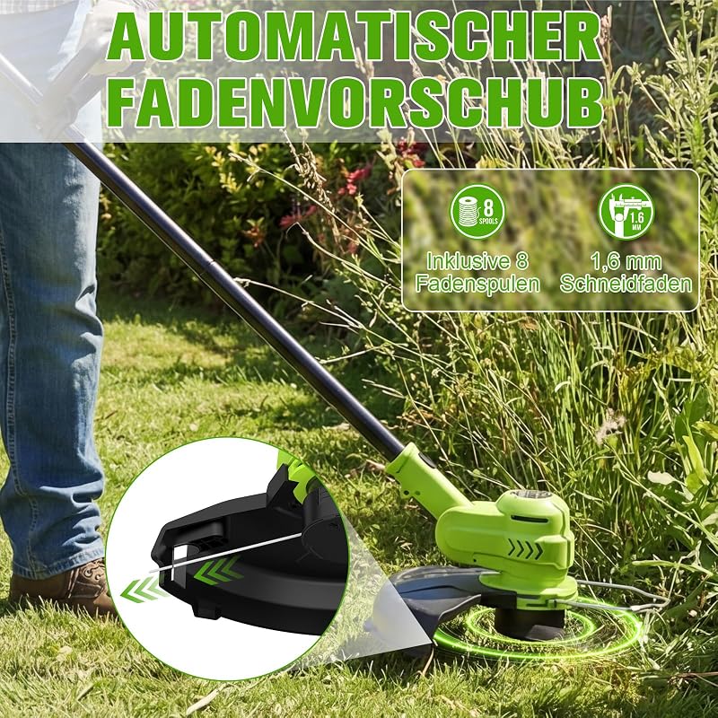Akku Rasentrimmer 21V, 2-in-1 Rasentrimmer & Kantenschneider, LCD Akkuanzeige, 2×2000mAh Akku, Automatische Fadennachführung, 8 Fadenspulen, für Rasen, Rasenkanten & Gartenwege