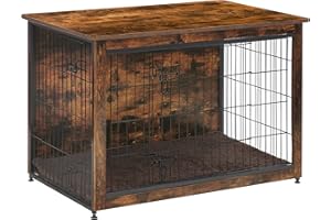 DWANTON Dog Crate Furniture with Cushion, Wooden Dog Crate Table, Double Doors Dog Furniture, Indoor Dog Kennel, Dog House, Dog Cage Medium, 32.5" L, Rustic Brown