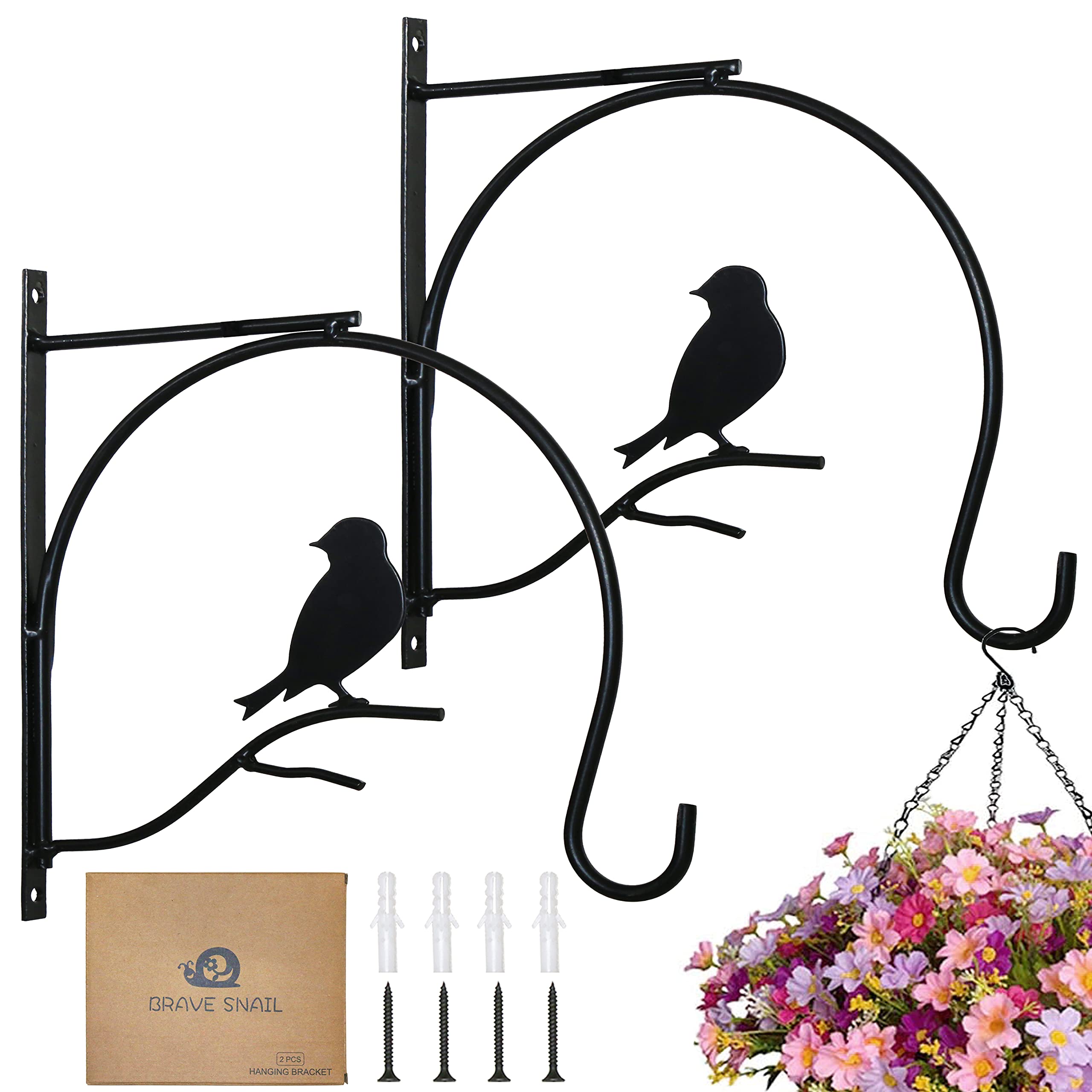 Photo 1 of BRAVE SNAIL Hanging Plant Bracket 10 Inch 2 Pack Metal Iron Wall Hooks Decorative for Bird Feeders Plant Hanger Wind Chime Lanterns Indoor Outdoor, Black