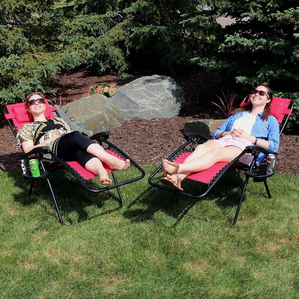 Sunnydaze Outdoor Zero Gravity Lounge Chairs with Pillow and Cup Holder Folding Patio Lawn Recliner Set of 2 Red: Kitchen & Dining