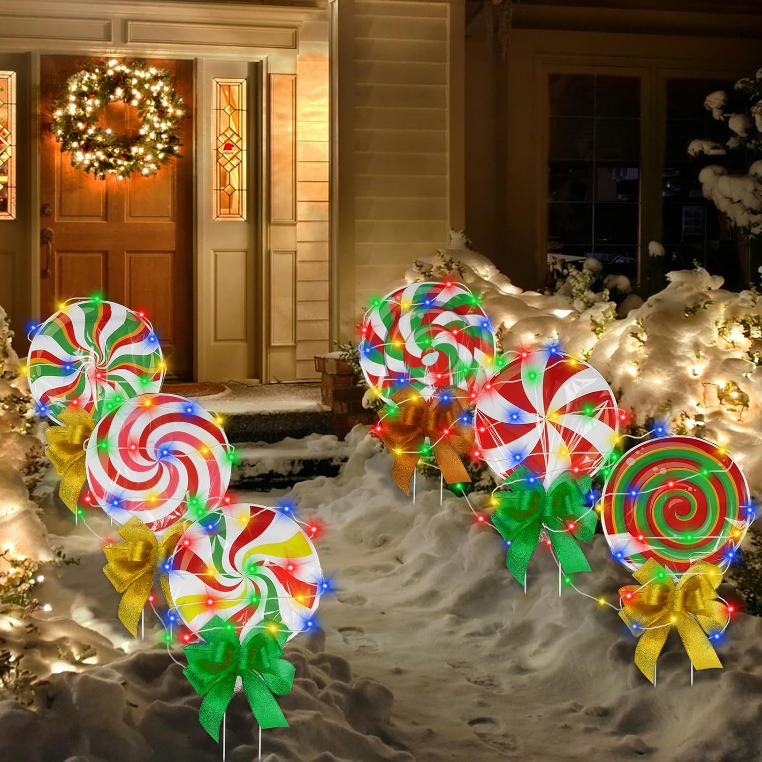 Yard Signs - Candy Christmas Decorations Outdoor Yard Signs - 6pcs Colorful DIY Lollipop Yard Signs with Stakes, Colorful Ribbons, and LED Lights for Outside Christmas Decorations Garden Lawn Decor
