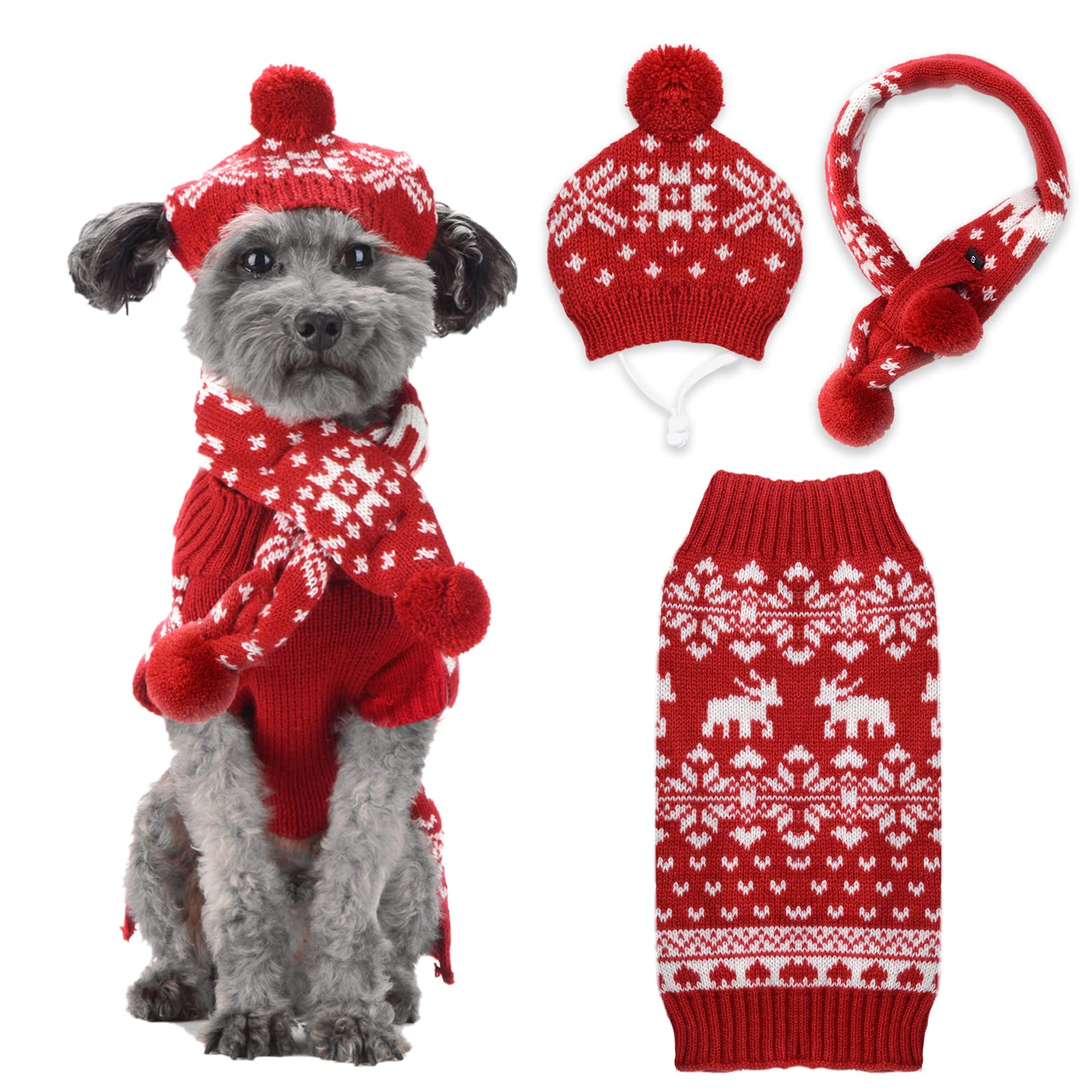ABRRLO Dog Christmas Jumper 3 PCS Set Pet Hat Scarf Sweater Snowflake Xmas Costume Knit Outfits Puppy Cat Holiday Clothes （L,Red）