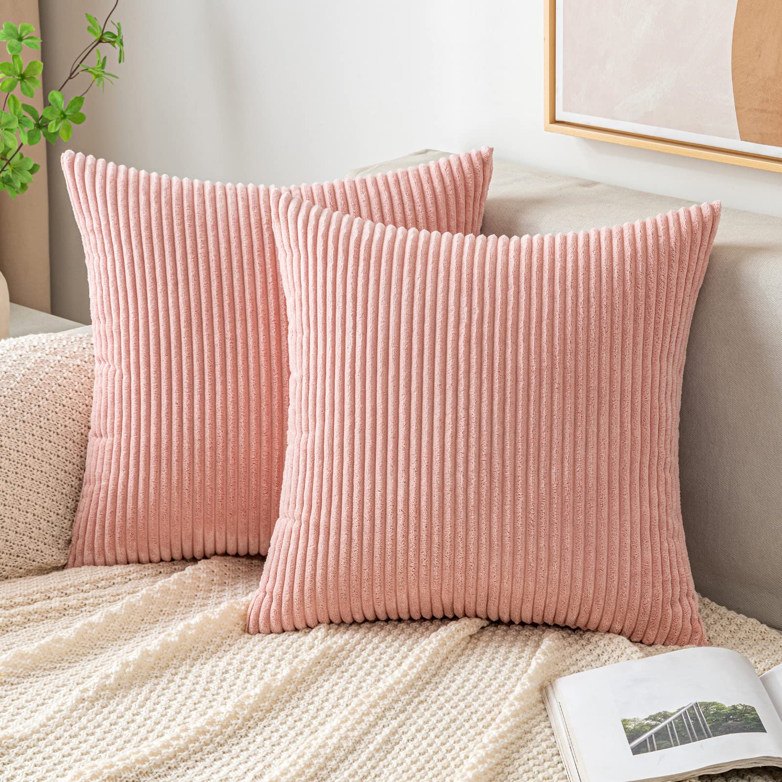 EMEMA Cushion Covers Corduroy Square Throw Pillow Covers Striped Soft Sham Home for Sofa Couch Bedroom Decorative Pillowcases 16x16 Inch 40x40cm Set of 2 Pink