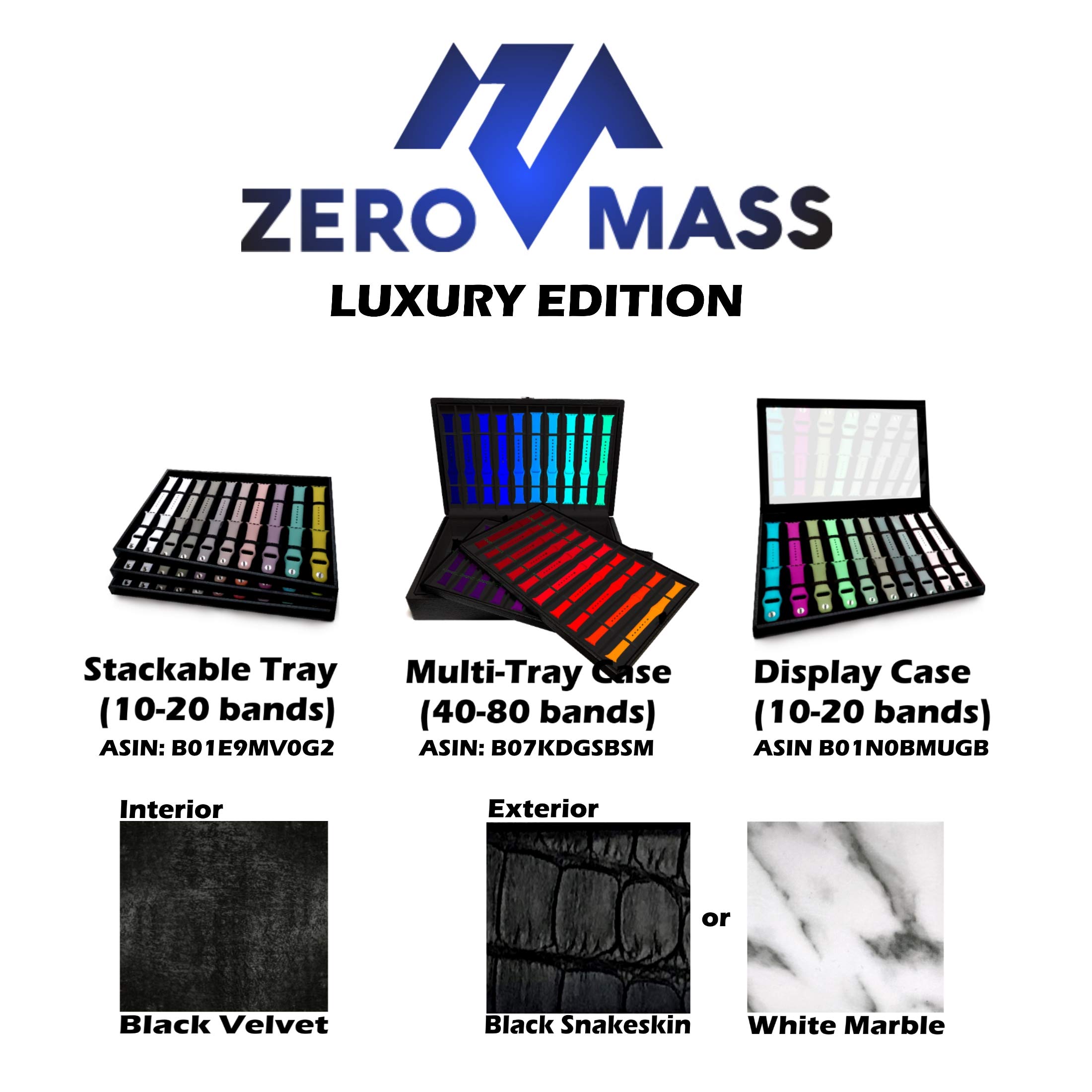 Zero Mass Stackable Luxurious Storage Case Organizer for Apple Watch Bands, Stores 10-20 Smartwatch Straps (Black Snakeskin)