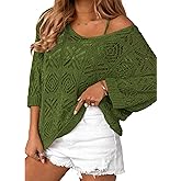 Zeagoo Women's Summer Crochet Off The Shoulder Hollow Out Knit Tops 2025 V Neck 3/4 Sleeve Sweater Top