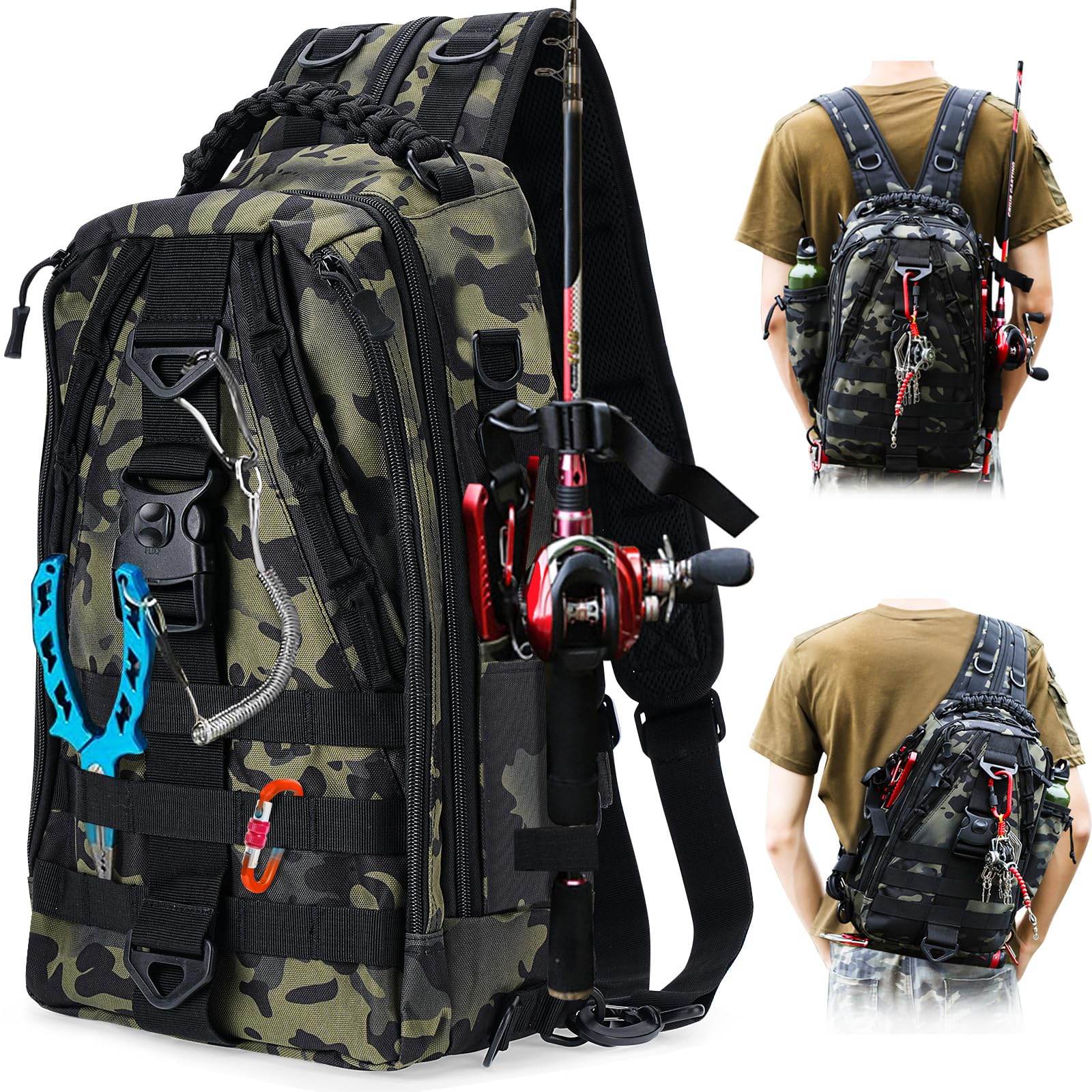 LYtech Fishing Backpack with Rod Holder, Waterproof Angling Rucksack Angling Bag Chest Back Pack Fish Sling Bag Tackle Storage Bag Fish Tackle Backpack for Fishing Camping Hiking Traveling Cycling