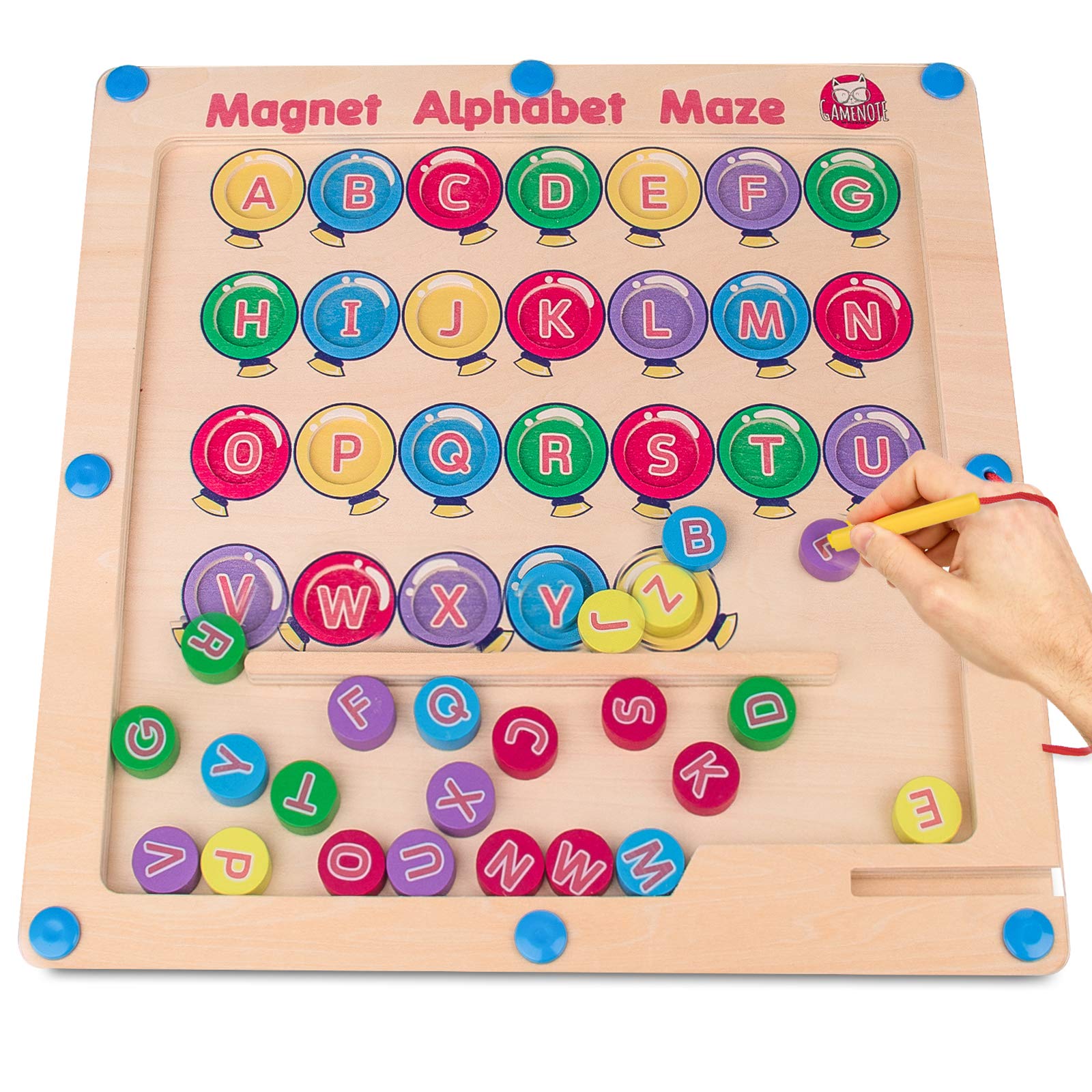 Gamenote Magnetic Alphabet Maze Board, Wooden Matching Letter Game Montessori Toys for Preschool Kingdergarten - Fine Motor Skills Toys ABC Recognition Color Sorting Puzzle