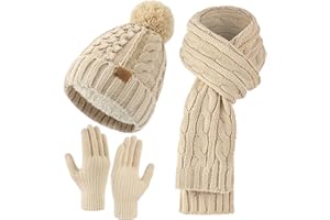 Tavaleu Womens Winter Beanie Hat Scarf Gloves Set, Pom Pom Beanie Warm Knit Scarf Touchscreen Gloves for Cold Weather