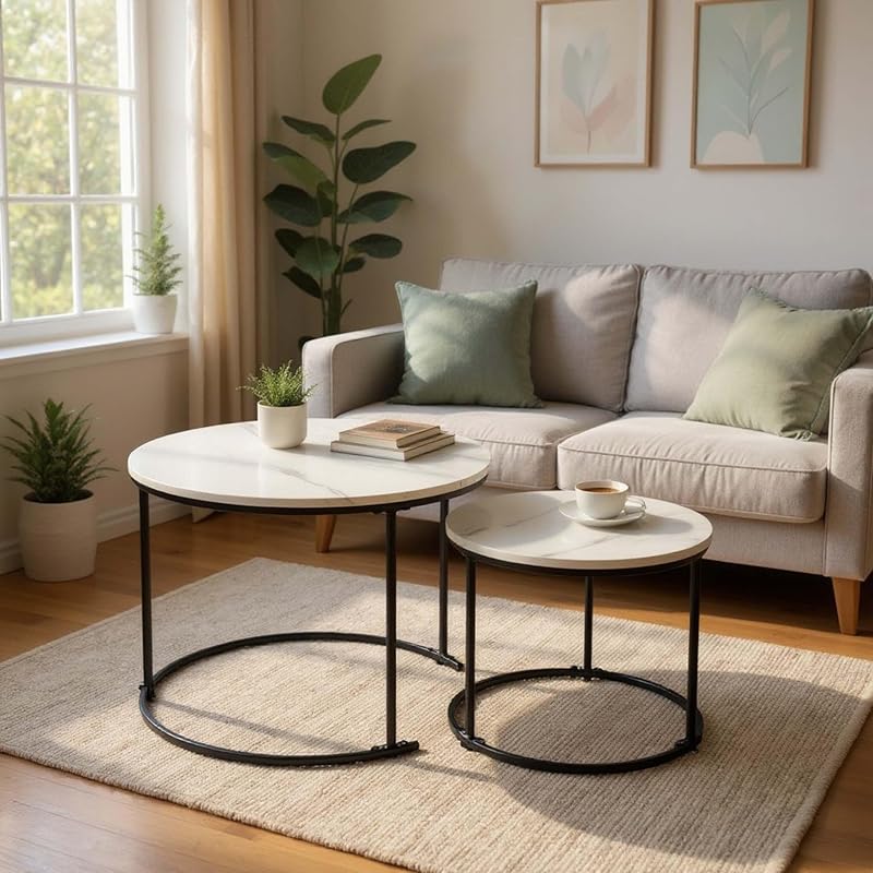 Ensemble de 2 Tables d'appoint, 2 Tailles, Blanc/Noir