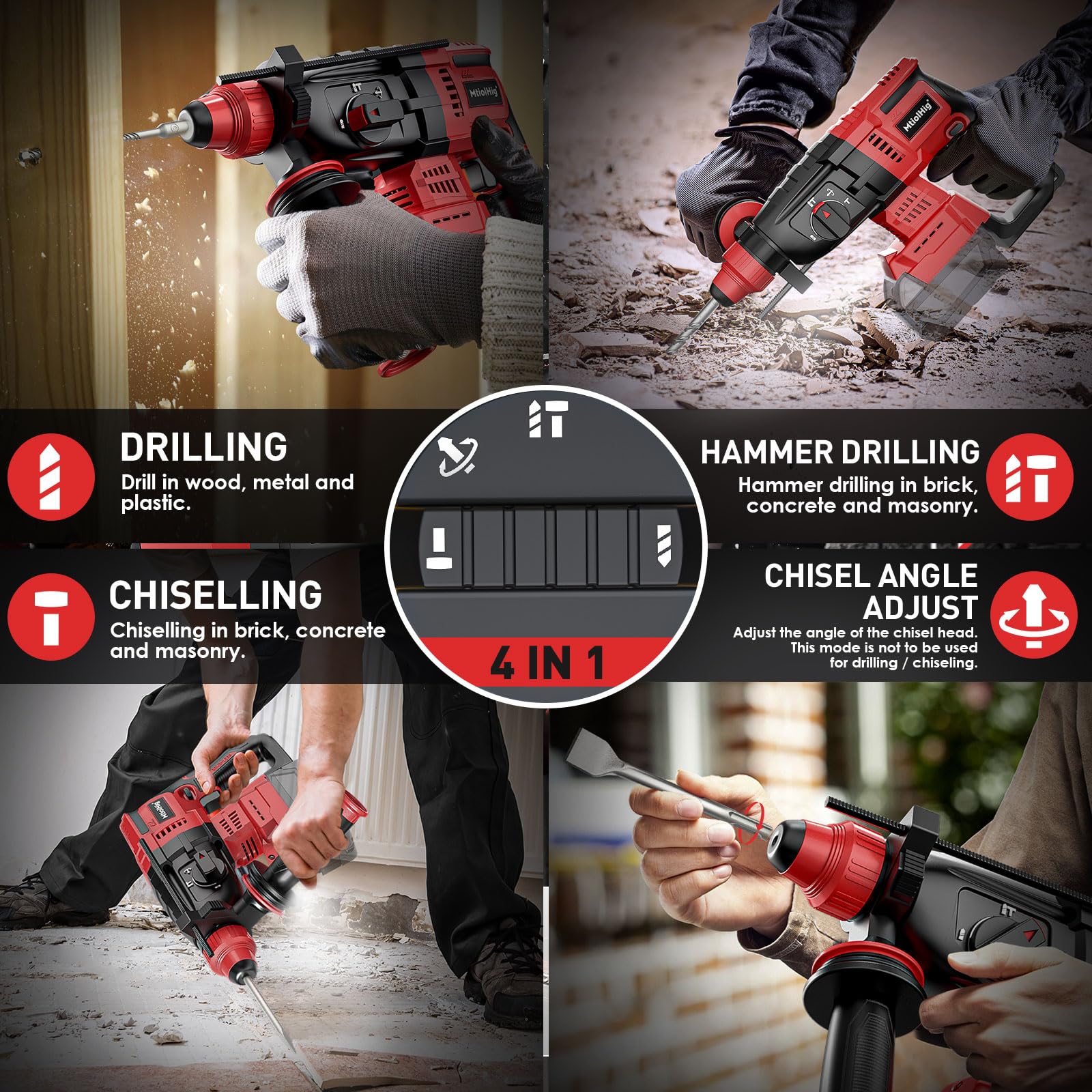 Cordless Rotary Hammer Drill for Milwaukee 18V Battery, Brushless SDS-Plus Hammer Drill with Safety Clutch for Concrete/Masonry, 1500 RPM, 4 Modes with 360°Auxiliary Handle, Including 4 Drill Bits