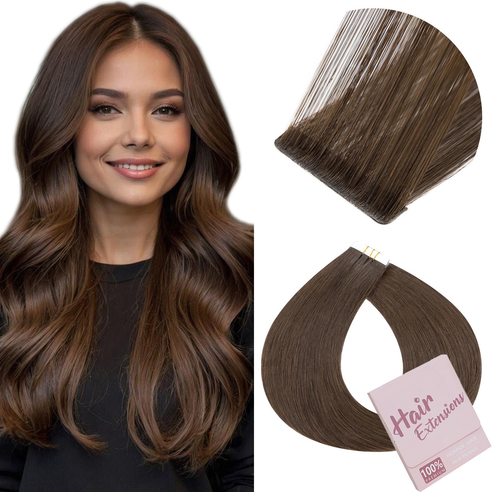 Elailite Injected Tape in Hair Extensions Human Hair - Invisible Skin Weft Remy Natural Real Hair Extension Straight 10 Pcs 20g - #2Y Dark Brown - 14 Inch — image 1
