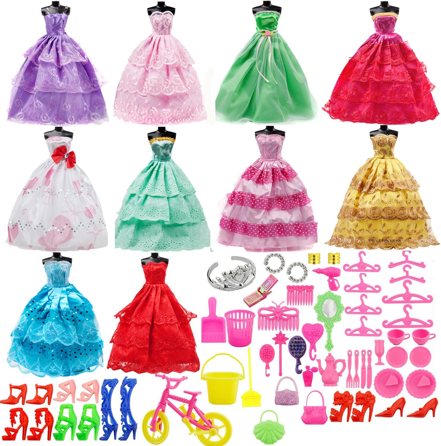 65Pcs Doll Clothes Set for Barbie, 10 Pack Fashion Wedding Party Gown Dresses and 55pcs Different Doll Accessories Shoes Bags Glasses Necklace Tableware for Little Girl Birthday