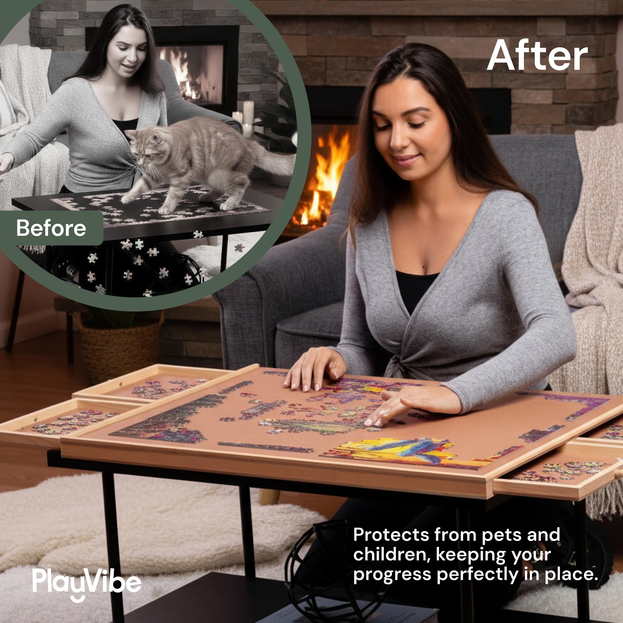 PlayVibe 1500 Piece Puzzle Board with Drawers and Cover - Jigsaw Solve Station - Portable Puzzle Table with Drawers, Tray & Accessories - Raised Edges to Prevent Slipping