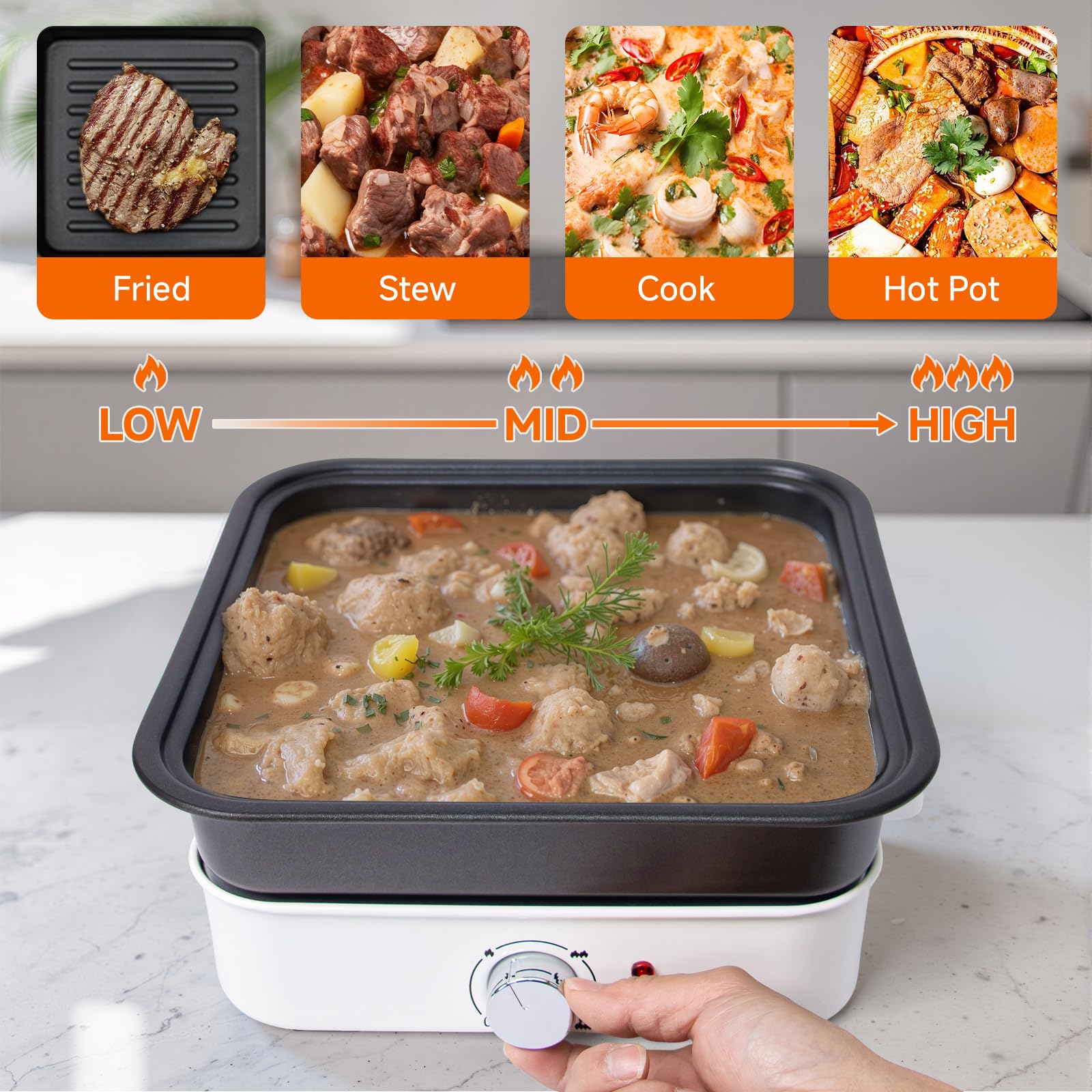 2-in-1 Electric Hot Pot, 4L Non-Stick Portable Shabu Pot with Grill Pan & Removable Pot, Non-stick Ceramic Oil Coating, Multi-Power Control 400W/1200W Non-Stick Pot for Dorm, Office, Apartment, White
