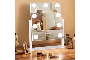 Ratsamee Hollywood Vanity Mirror with Lights, 9 Dimmable Bulbs, 3 Color Lights,Make Up Lighted Mirror, 10x Magnification 360°Rotation (12" x 14") White