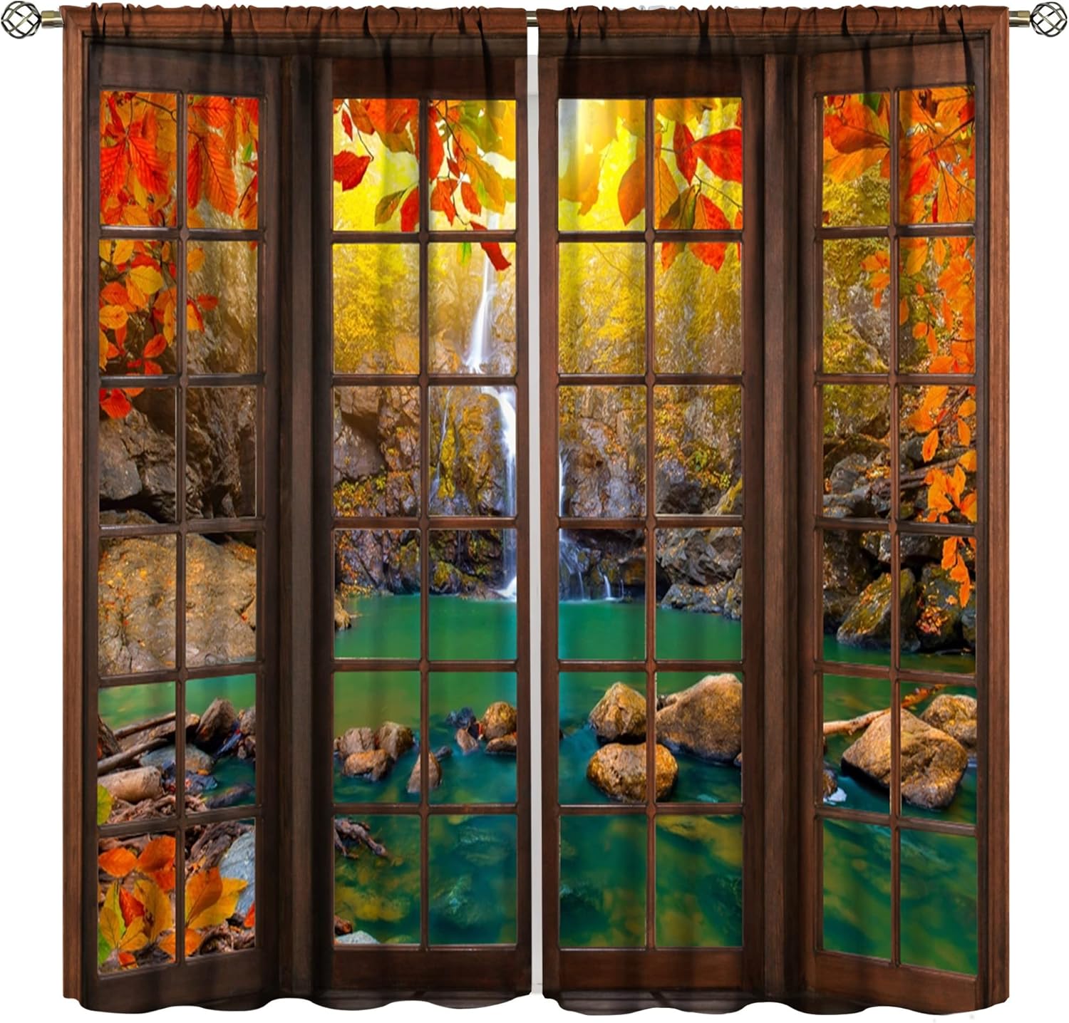 Outdoor Curtains - Landscape Decorative Curtains,Autumn Forest Waterfall Rustic Window Curtains Bedroom Living Room Kitchen 2pcs Set 42x45 Inch