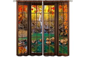 SENRUEGT Landscape Decorative Curtains,Autumn Forest Waterfall Rustic Window Curtains Bedroom Living Room Kitchen 2pcs Set 42x45 Inch
