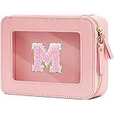 CLOUDWINGS Christmas Gifts for Girls - Initial Clear Toiletry Bag Cosmetic Bags for Girls with Zipper, Potable Makeup Bag for Birthday (Pink, M)