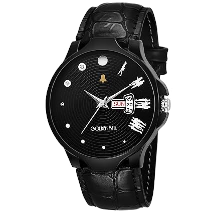 Golden Bell Night Crawler Day and Date Calender Function Chronograph Display Black Dial Black Leather Strap Mens and Boys Watch - GB-1174