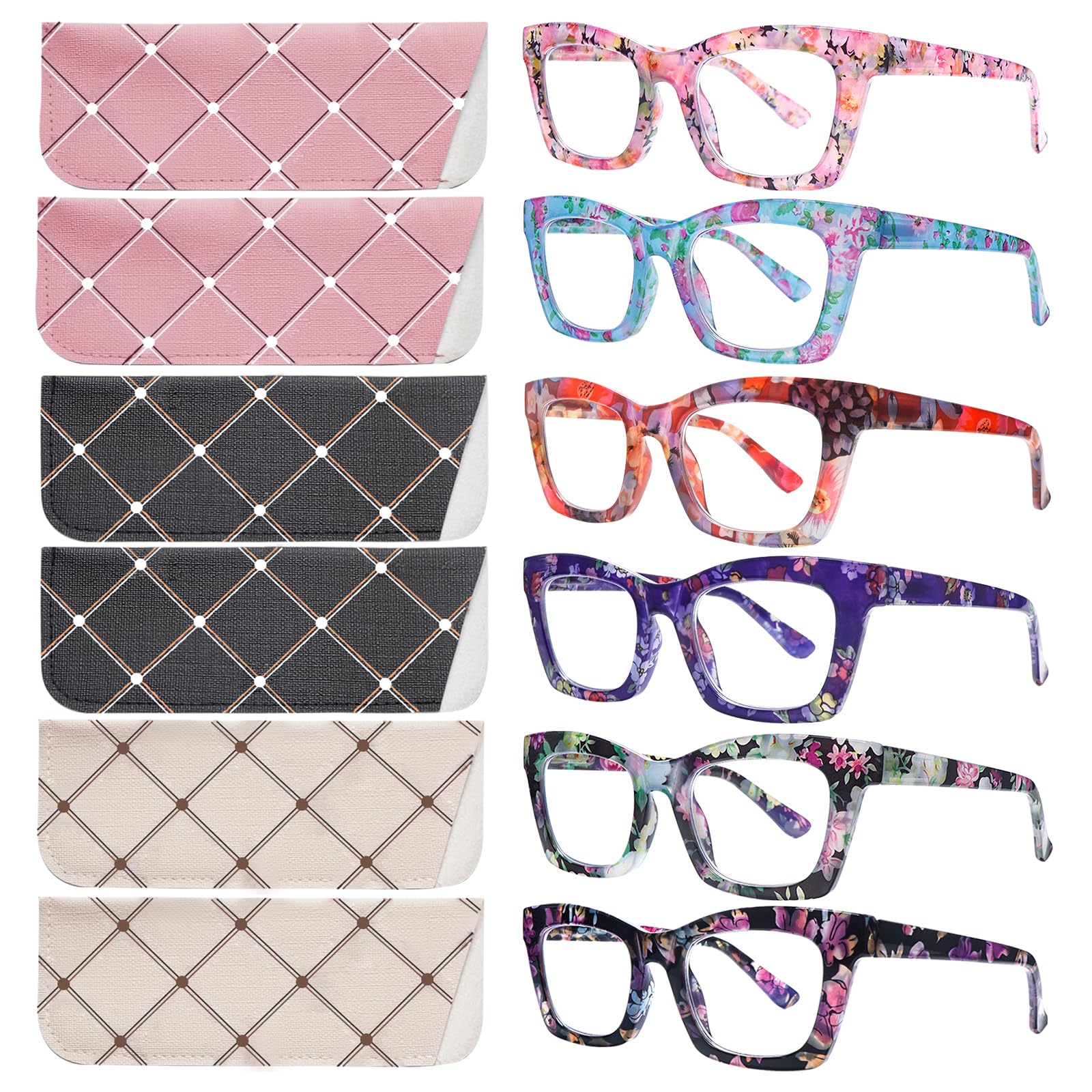 ZONLON 6 Pack Oversized Reading Glasses for Women Square Frame Blue Light Blocking Computer Readers Spring Hinge (6 color, 1.25, x)