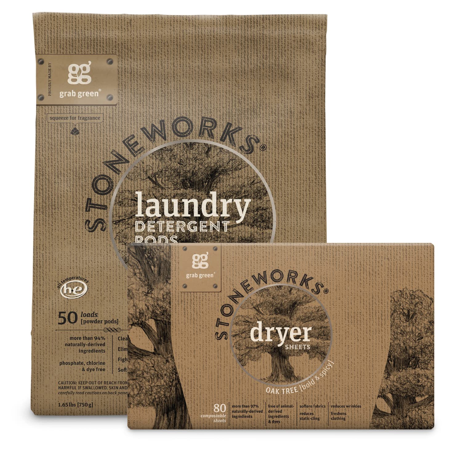 Photo 1 of Grab Green Stoneworks Laundry Detergent Pods and Dryer Sheet Bundle, 50 Count Pods and 80 Dryer Sheets, Oak Tree Scent, Plant and Mineral Based Laundry Care Set