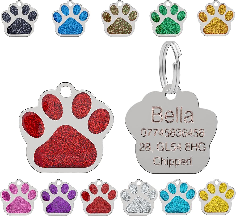 LARRYROO Personalised Engraved Pet Tag 27mm Paw Glitter Red