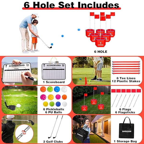 DHXGON BACKYARD GOLF GAME WITH 2 CLUBS, PORTABLE 6 HOLE GOLF COURSE, OUTDOOR YARD GOLF CHIPPING GAME FOR FAMILY AND ADULTS, BEACH, PARK, LAWN, FIELD DAY REUNION PARTY GAMES