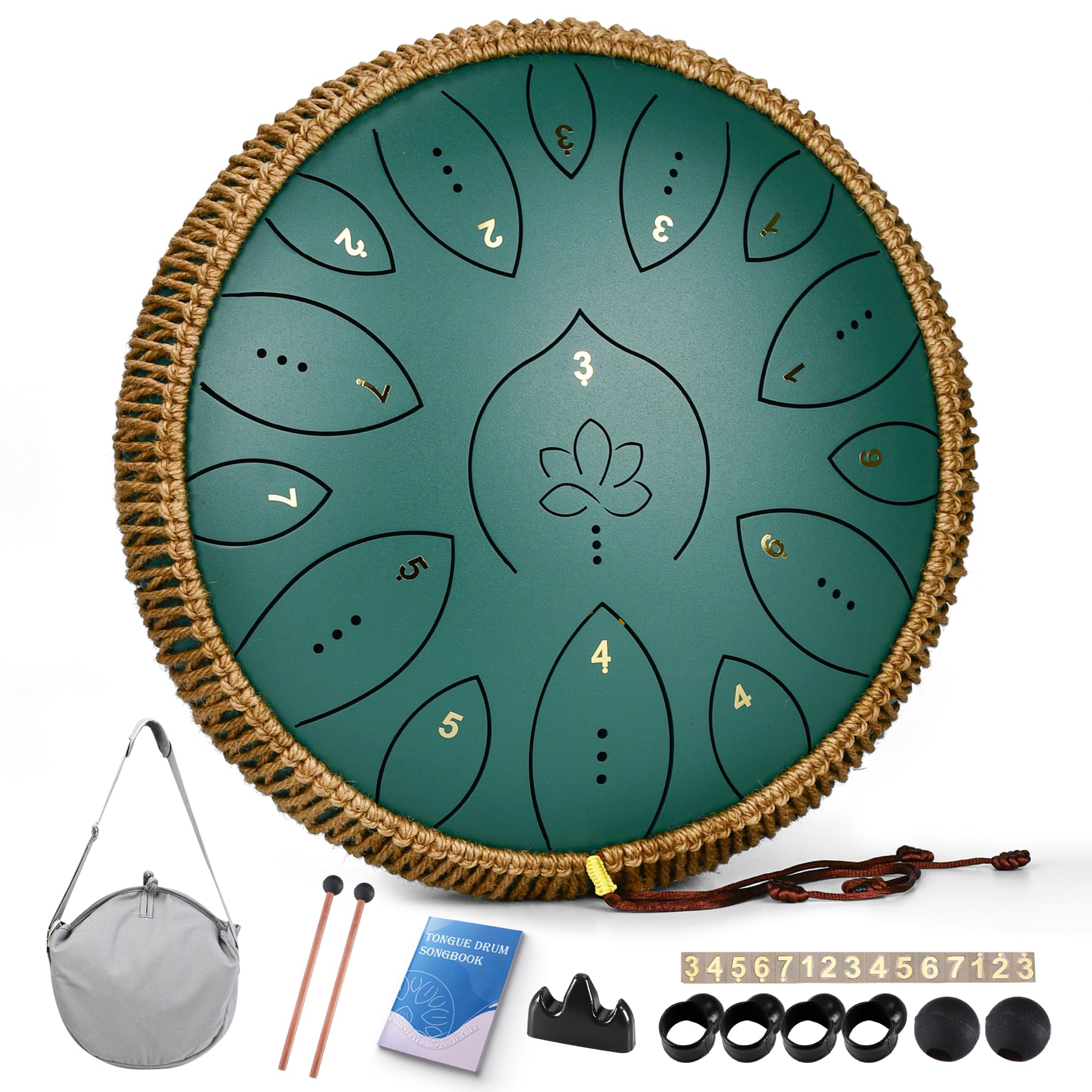 Photo 1 of Steel Tongue Drum 13 Inches 15 Notes, Hand Pan Drums for Adults 432hz, C Major Handpan Musical Instrument with Song Book, Mallets and Carry Bag, Green