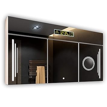 FORAM Spiegelschrank mit LED Beleuchtung 100 x 72 x 17 cm, Badschrank A++ | Schalter, WETTERSTATION, Bluetooth Lautsprecher, 