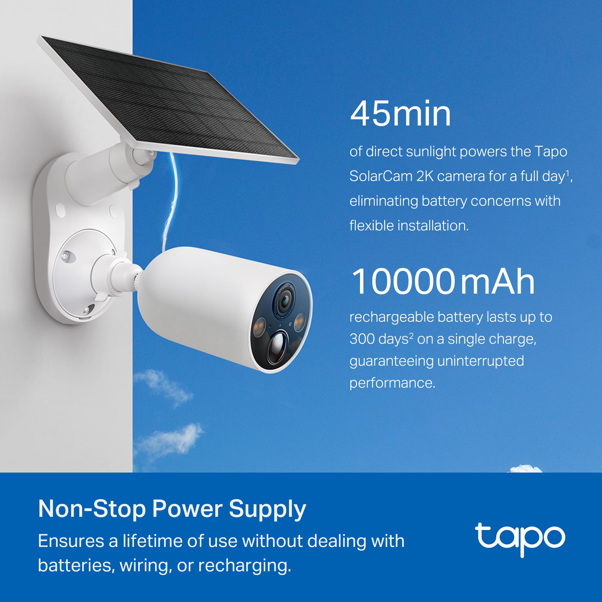 Tapo SolarCam 2K, Outdoor Battery Camera w/Solar Panel Base, Wireless Camera, 2K QHD, 150° Super-Wide FOV, Free Person/Vehicle/Pet Detection, SD/Cloud Storage, Starlight Color Night Vision