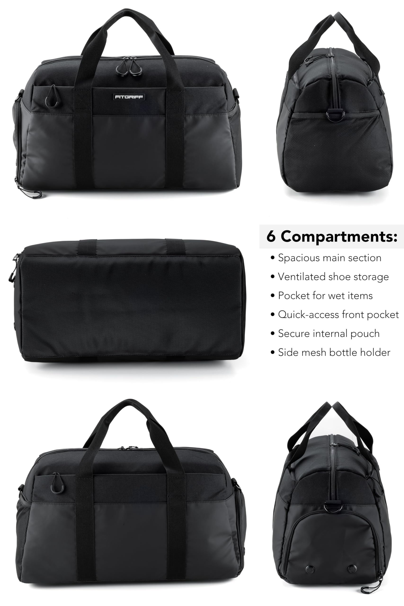 Fitgriff Gym Bag V2 for Men and Women with Shoe & Wet Compartment - Duffle Bag for Travel, Sports, Fitness and Workout (Full Black, 19 x 10 x 11″ (Small))